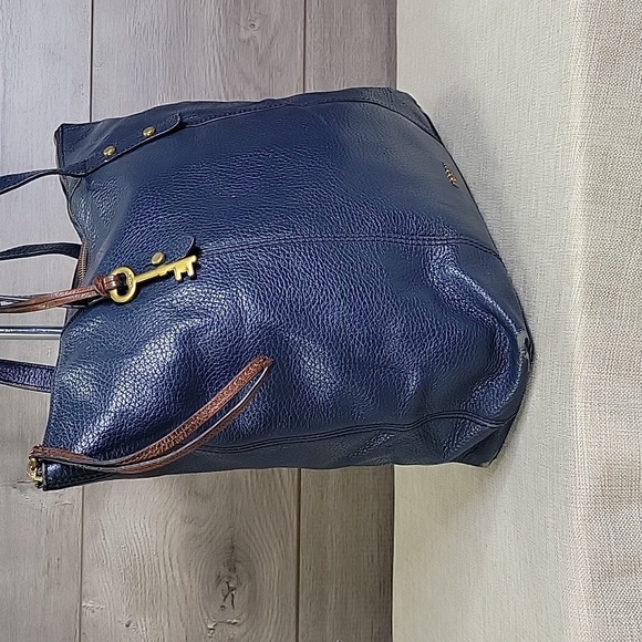 Fossil Blue Leather Tote Shoulder Bag Handbag Purse - Picture 3 of 14